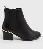 New Look Wide Fit Black Leather-Look Metal Trim Block Heel Ankle Boots